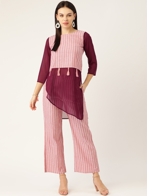 

Cottinfab Women Pink & White Striped Tunic with Trousers