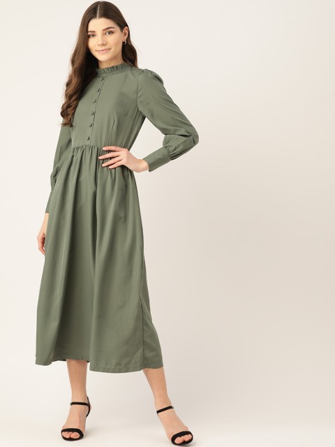 

Alsace Lorraine Paris Women Olive Green Solid A-Line Midi Dress