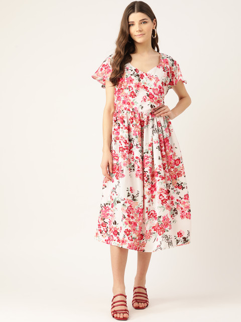 

Alsace Lorraine Paris Women White & Pink Floral Printed Wrap Dress