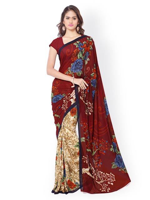 

Ligalz Maroon & Beige Georgette & Chiffon Floral Print Saree