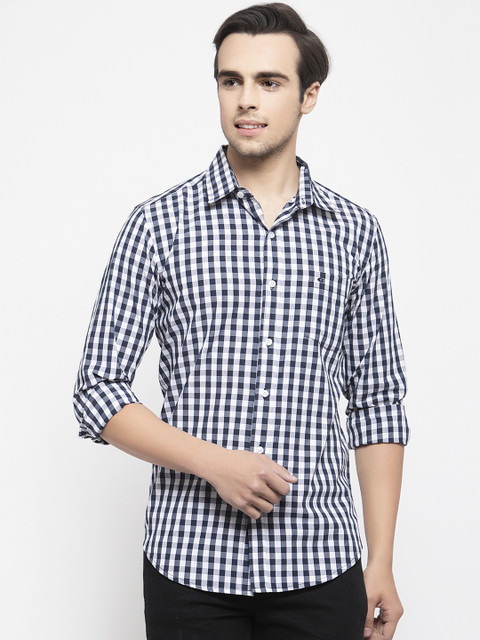 

Allen Cooper Men White & Navy Blue Slim Fit Checked Casual Shirt