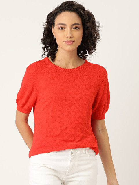 

United Colors of Benetton Red Geometric Puff Sleeves Knitted Top