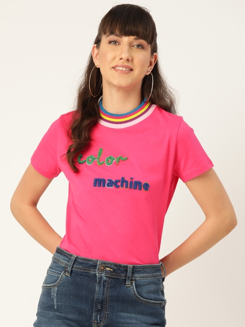 

United Colors of Benetton Women Pink Applique Detail Pure Cotton High Neck T-shirt
