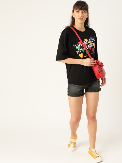 

United Colors of Benetton Women Black Printed Boxy Fit Pure Cotton Round Neck T-shirt