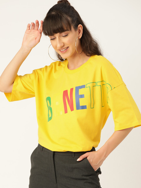 

United Colors of Benetton Women Yellow Boxy Fit Printed Pure Cotton Round Neck T-shirt