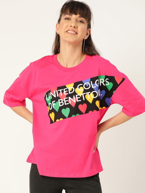

United Colors of Benetton Women Pink Boxy Fit Printed Pure Cotton Round Neck T-shirt