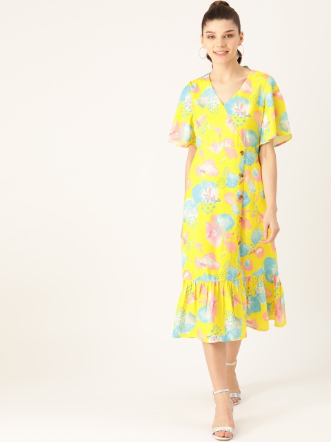 

DressBerry Women Yellow & Blue Printed Wrap Dress