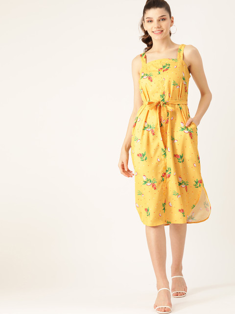 

DressBerry Women Yellow & Green Floral Print Shift Dress with Belt