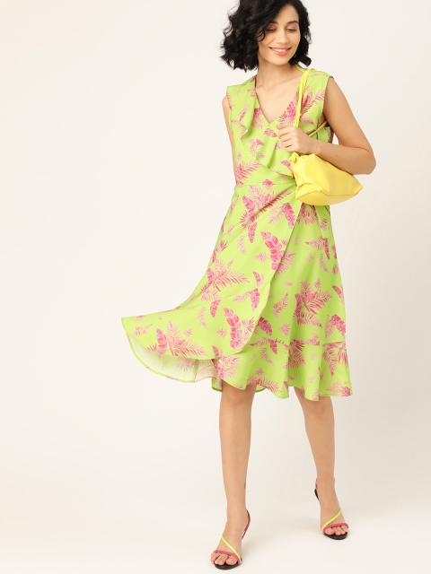 

DressBerry Women Lime Green & Pink Printed Wrap Dress