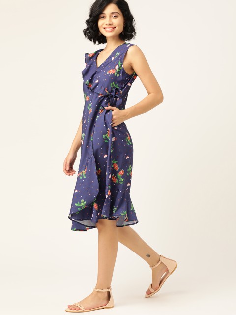 

DressBerry Women Navy Blue & Green Printed Wrap Dress