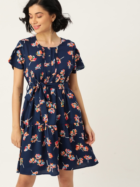 

DressBerry Women Navy Blue & White Printed A-Line Dress