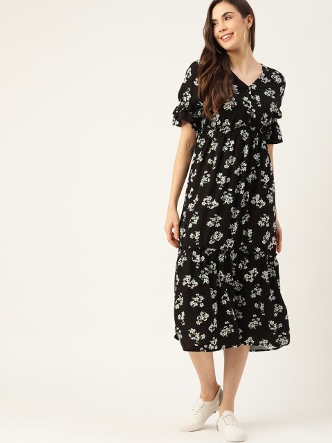 

DressBerry EcoVera Black & White Floral A-Line Midi Sustainable Dress