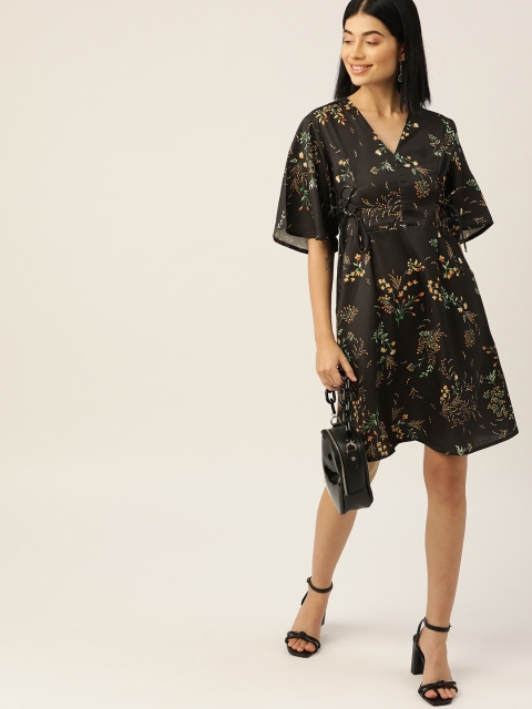 

DressBerry Women Black & Yellow Floral Print Lace Up A-Line Dress