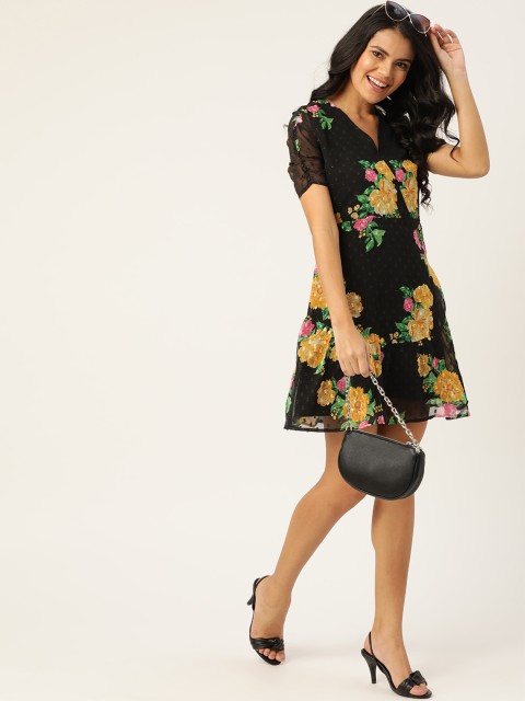 

DressBerry Women Black & Mustard Yellow Floral Print Dobby Weave Wrap Dress
