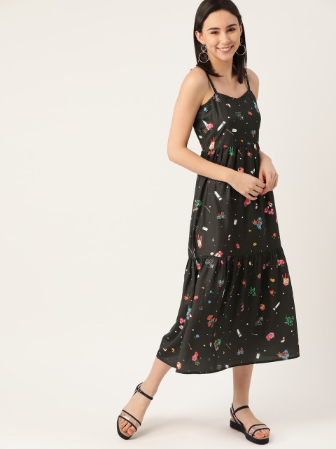 

DressBerry Women Black Printed Tiered A-Line Dress