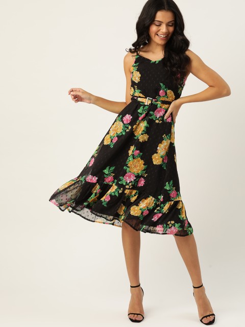 

DressBerry Women Black & Mustard Floral Printed A-Line Dress