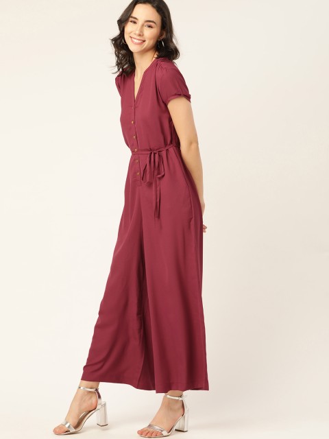 

DressBerry Women Maroon Solid Basic Jumpsuit with Belt
