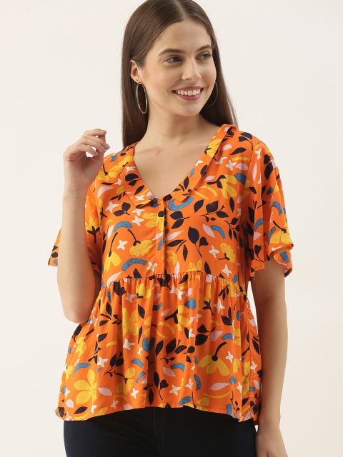 

DressBerry Women Orange & Yellow EcoVero Floral Bell Sleeve Sustainable Peplum Top