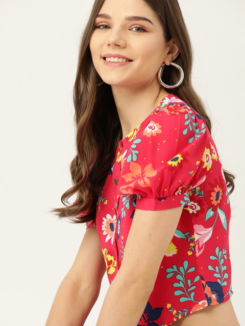 

DressBerry Pink & Yellow Floral Printed Puff Sleeves Crop Top