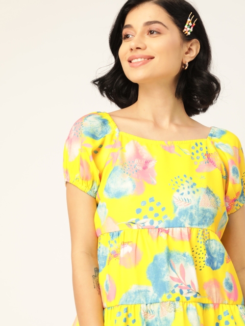 

DressBerry Yellow & Blue Floral Print Puff Sleeves Tiered A-Line Top
