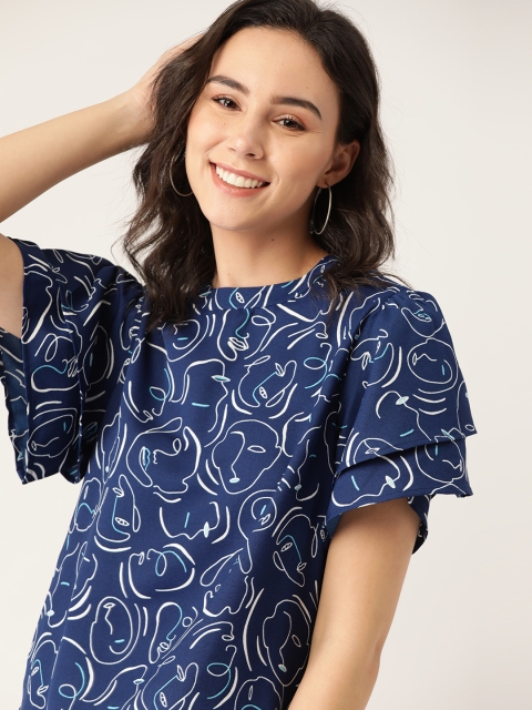 

Dressberry Navy Blue & White Printed Flared Sleeves Regular Top