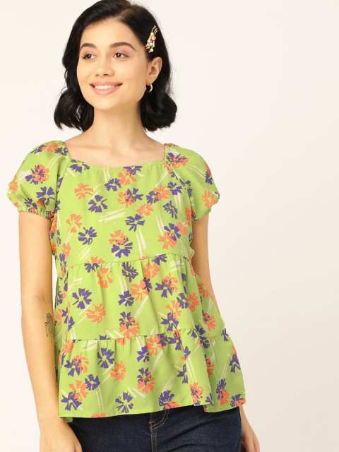

DressBerry Green & Purple Floral Print Puff Sleeves Tiered A-Line Top