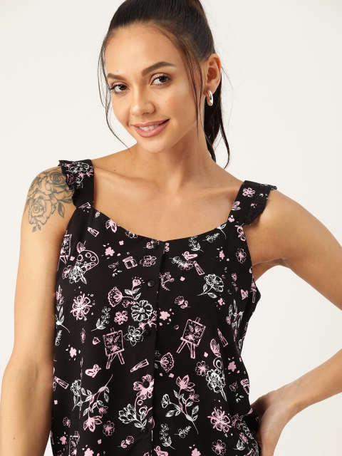 

DressBerry Black & Pink Floral Print Ecovero Regular Sustainable Top