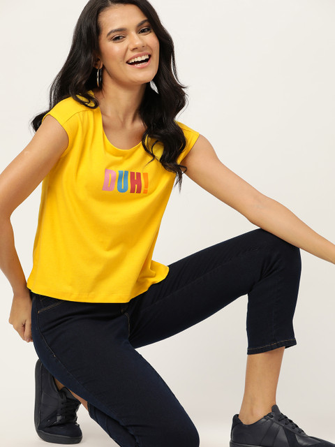 

DressBerry Women Yellow Pure Cotton Typography Printed Extended Sleeves Pure Cotton T-shirt