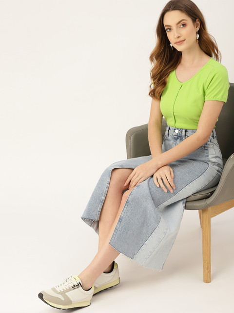 

DressBerry Lime Green Cotton Solid Regular Top