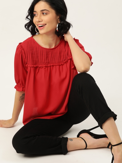

DressBerry Red Puff Sleeves Pleated Regular Top