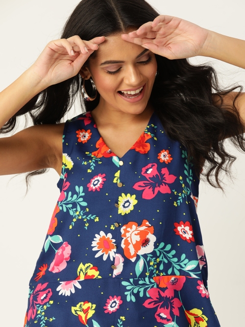 

DressBerry Navy Blue & Pink Floral Printed Regular Top