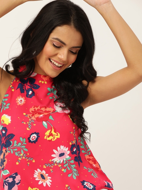 

DressBerry Pink & Navy Blue Floral Print Regular Top with Pom-Pom Detail