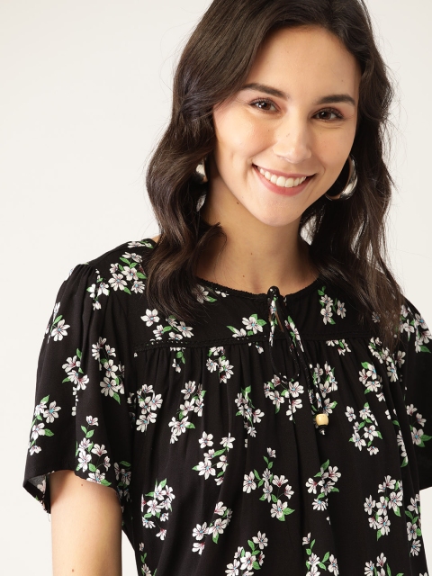 

DressBerry Black & White Floral Printed Tie-Up Neck EcoVero Sustainable Top