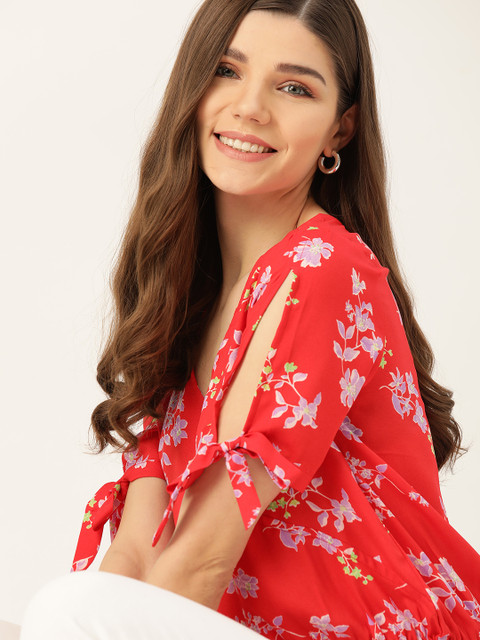 

DressBerry Red & Lavender Floral Printed Slit Sleeves Wrap Top