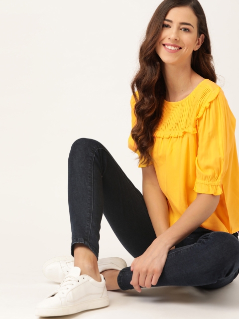 

DressBerry Yellow Solid EcoVero Puff Sleeve Regular Sustainable Top