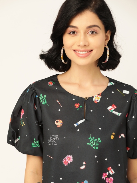 

Dressberry Black & Pink Printed Keyhole Neck Puff Sleeves Regular Top