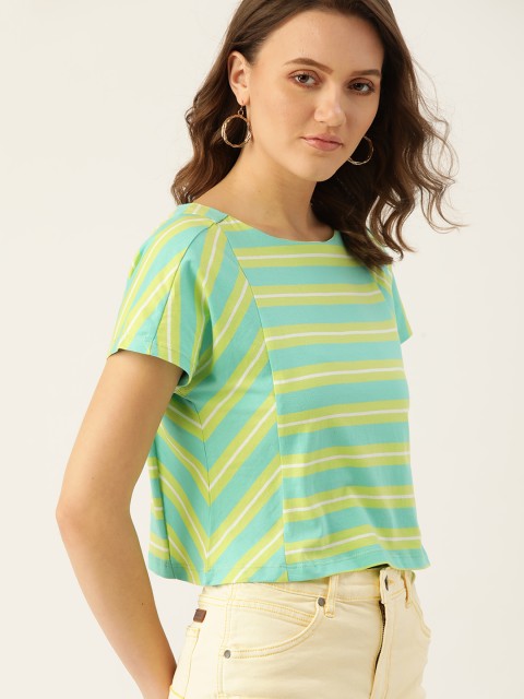 

DressBerry Green & White Striped Extended Sleeves Cotton Regular Top