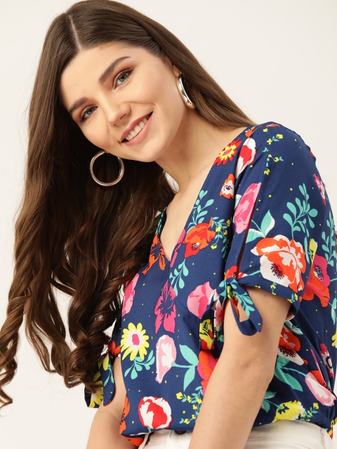 

DressBerry Navy Blue & Pink Floral Printed Slit Sleeves Wrap Top
