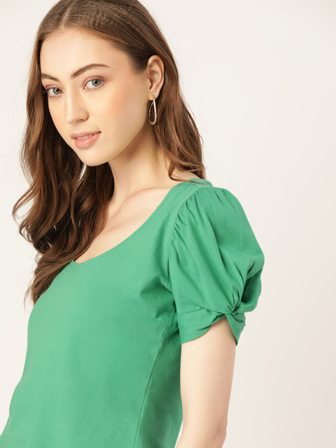 

DressBerry Green Solid Puff Sleeves Pure Cotton Top