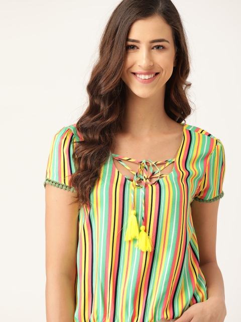 

DressBerry Sea Green & Yellow Candy Striped EcoVero Tie-Up Neck Regular Top