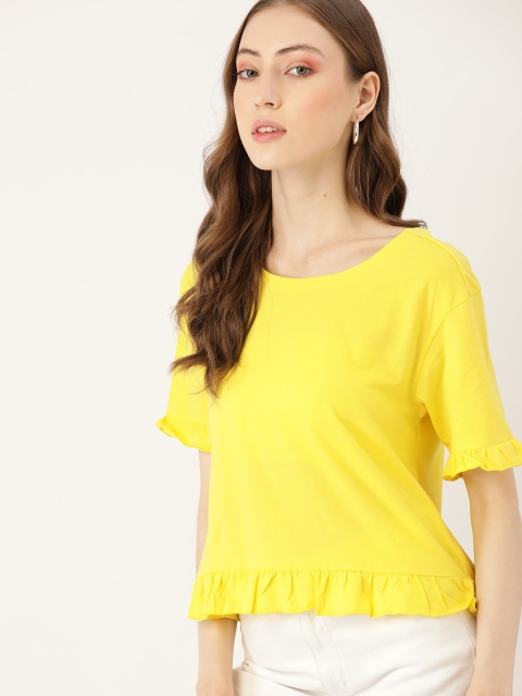 

DressBerry Yellow Solid Gathered Ruffled High-Low Top