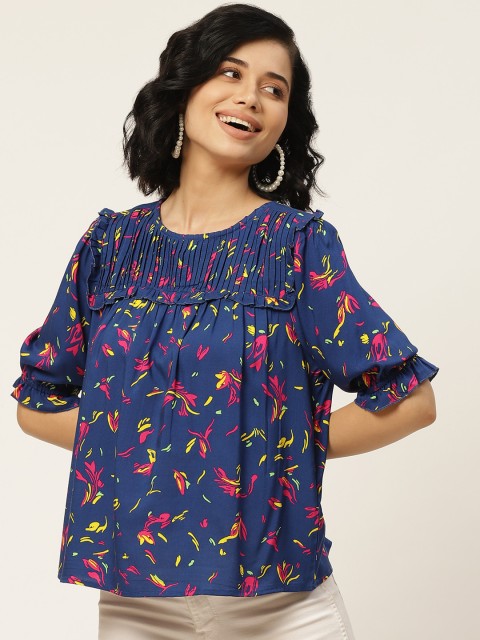 

DressBerry Navy Blue & Yellow Sustainable ECOVERO Puff Sleeve Regular Top