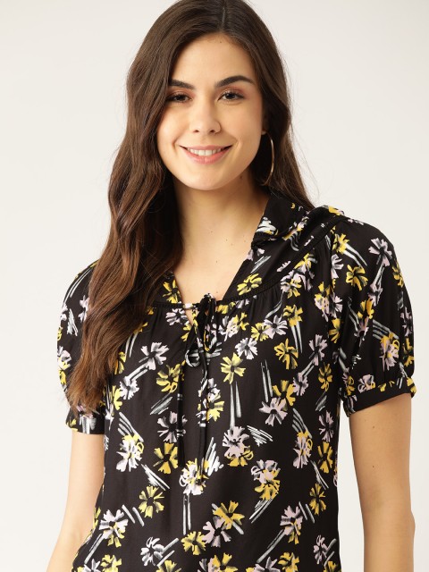 

DressBerry Black & Yellow Floral Printed Sustainable EcoVero Regular Top