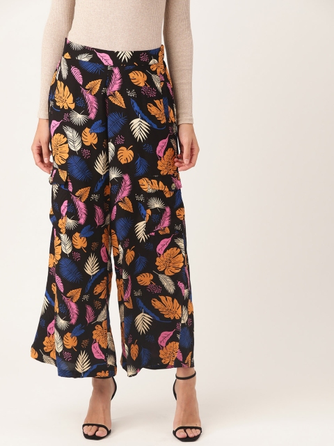 

DressBerry Women Black & Blue Floral Printed EcoVero Sustainable Parallel Trousers