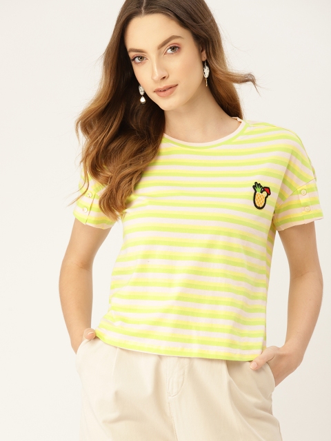 

DressBerry Women Lime Green Yellow Pure Cotton Striped Pure Cotton T-shirt