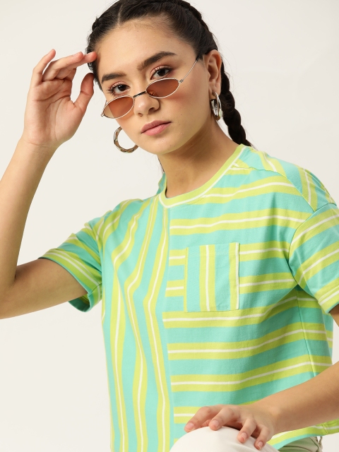 

DressBerry Women Green White Pure Cotton Striped Boxy Pure Cotton T-shirt