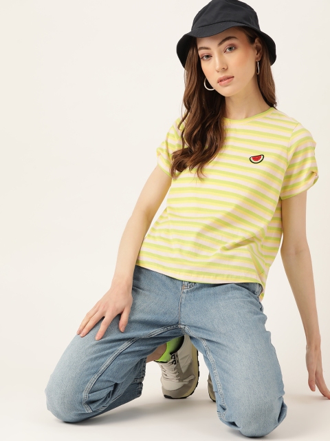 

DressBerry Women Yellow Green Pure Cotton Striped Pure Cotton T-shirt