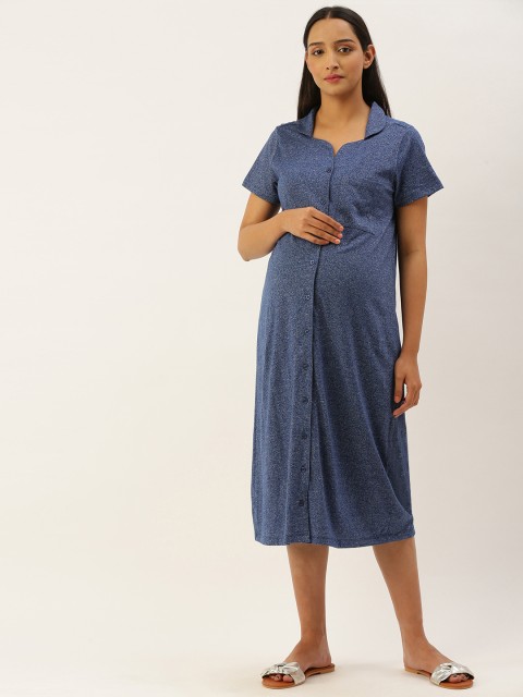 

Nejo Women Blue Solid Grindle Effect Maternity Shirt Dress