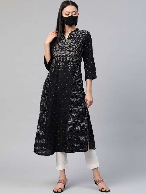 

Juniper Women Black White Bandhani Printed Liva A-Line Kurta