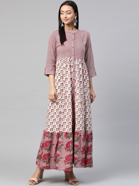 

Juniper Women Off-White & Pink Printed Tiered Maxi Dress